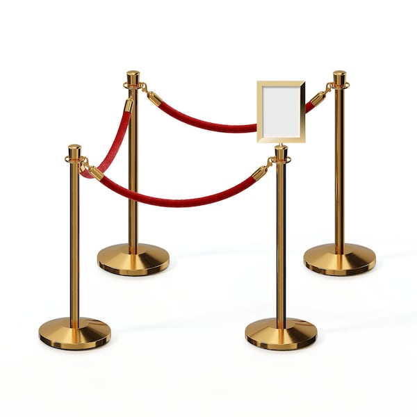 Montour Line Stanchion Post and Rope Kit Pol.Brass, 4CrownTop 3RedRope 8.5x11V Sign 3PBCNTAP8511H3PVRDPB - main
